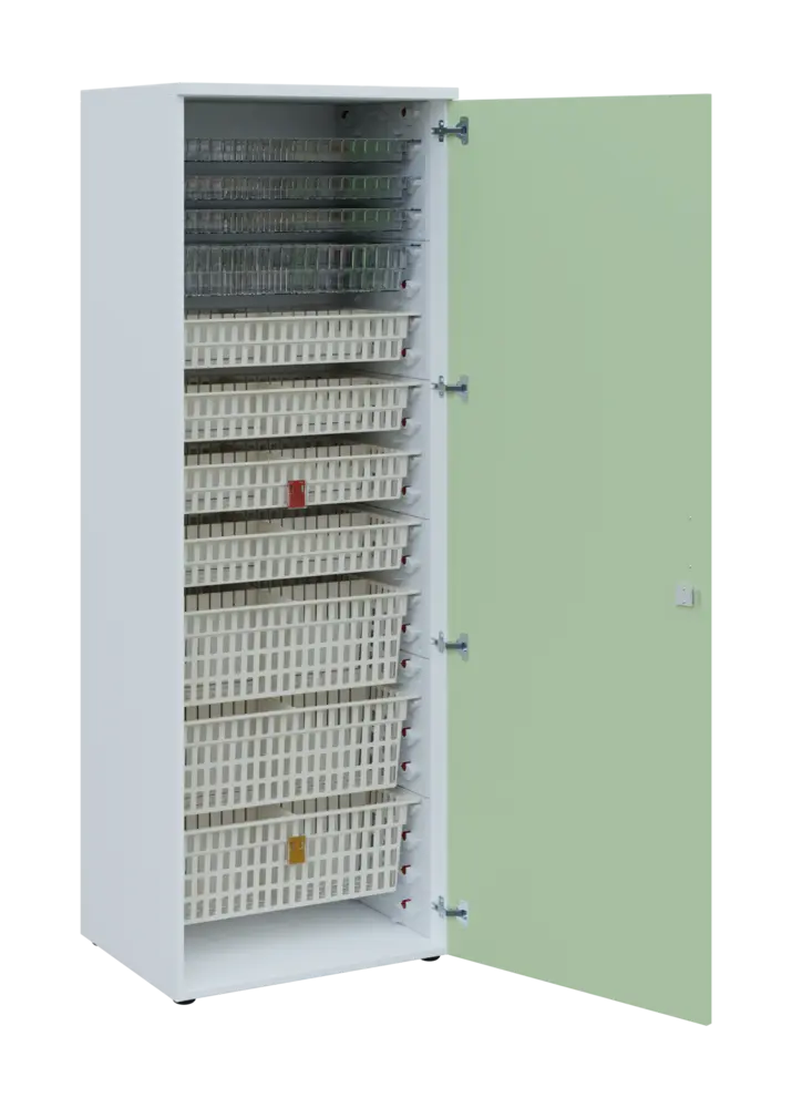 EUROMEDICA D - 66 skříň léková boxová, 1-dveřová, pravá, 1950x660x535, korpus bílý, dvířka šedo-zelinkavá